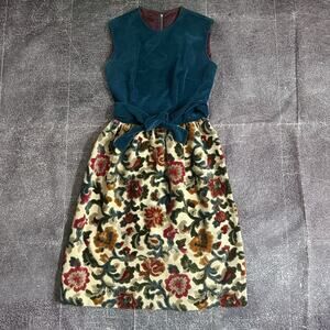Women's Vintage 60s Velvet Elizabethan Crewel Embroidered Floral Sheath Dress S